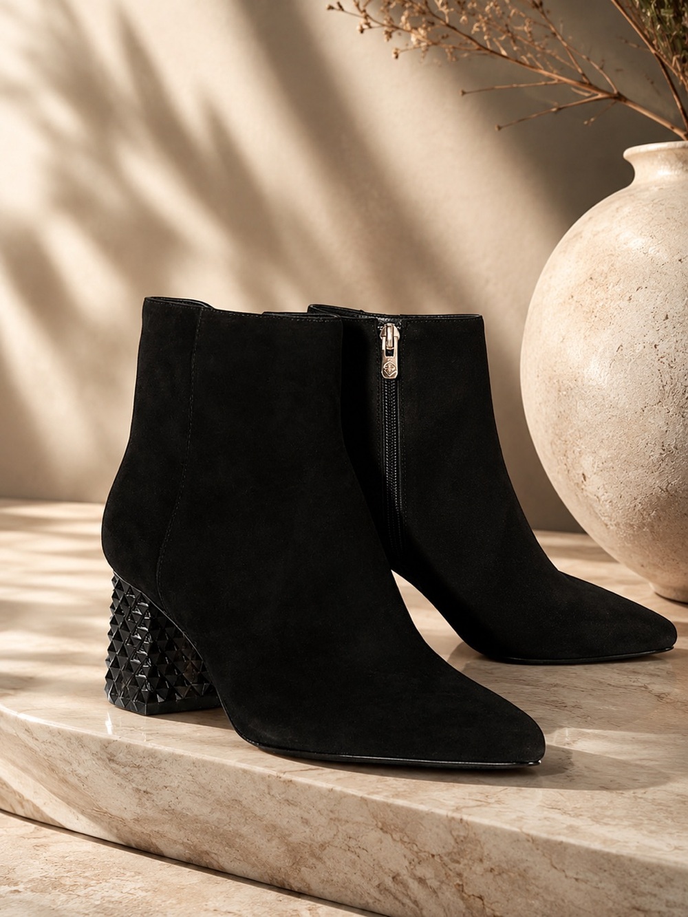 Antonio Melani Kinsley Black Suede Molded Lucite Heel Dress Booties Size 7.5
